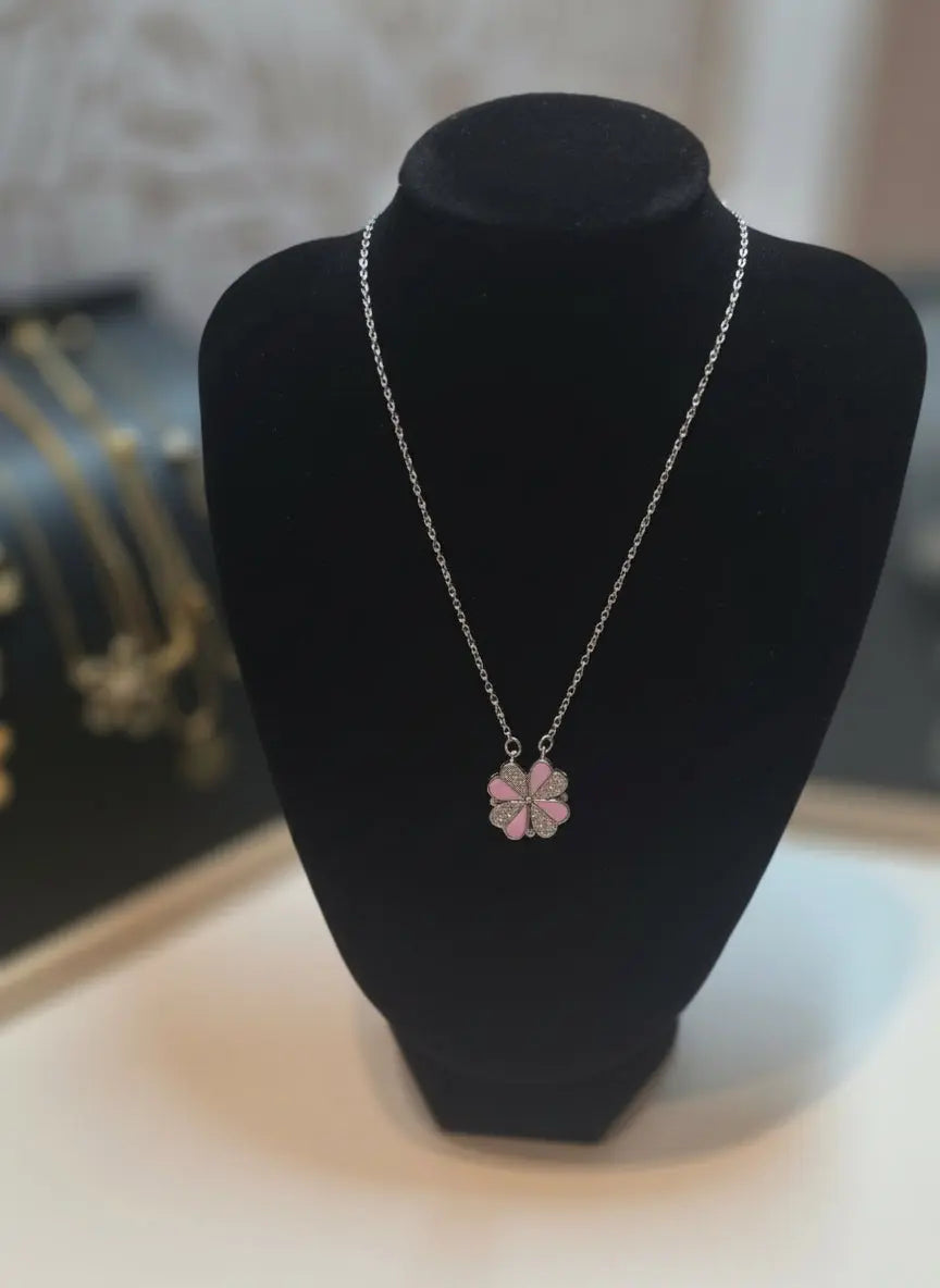 COLLIER TREFLE Argent/ Rose et zircon IV.sisters