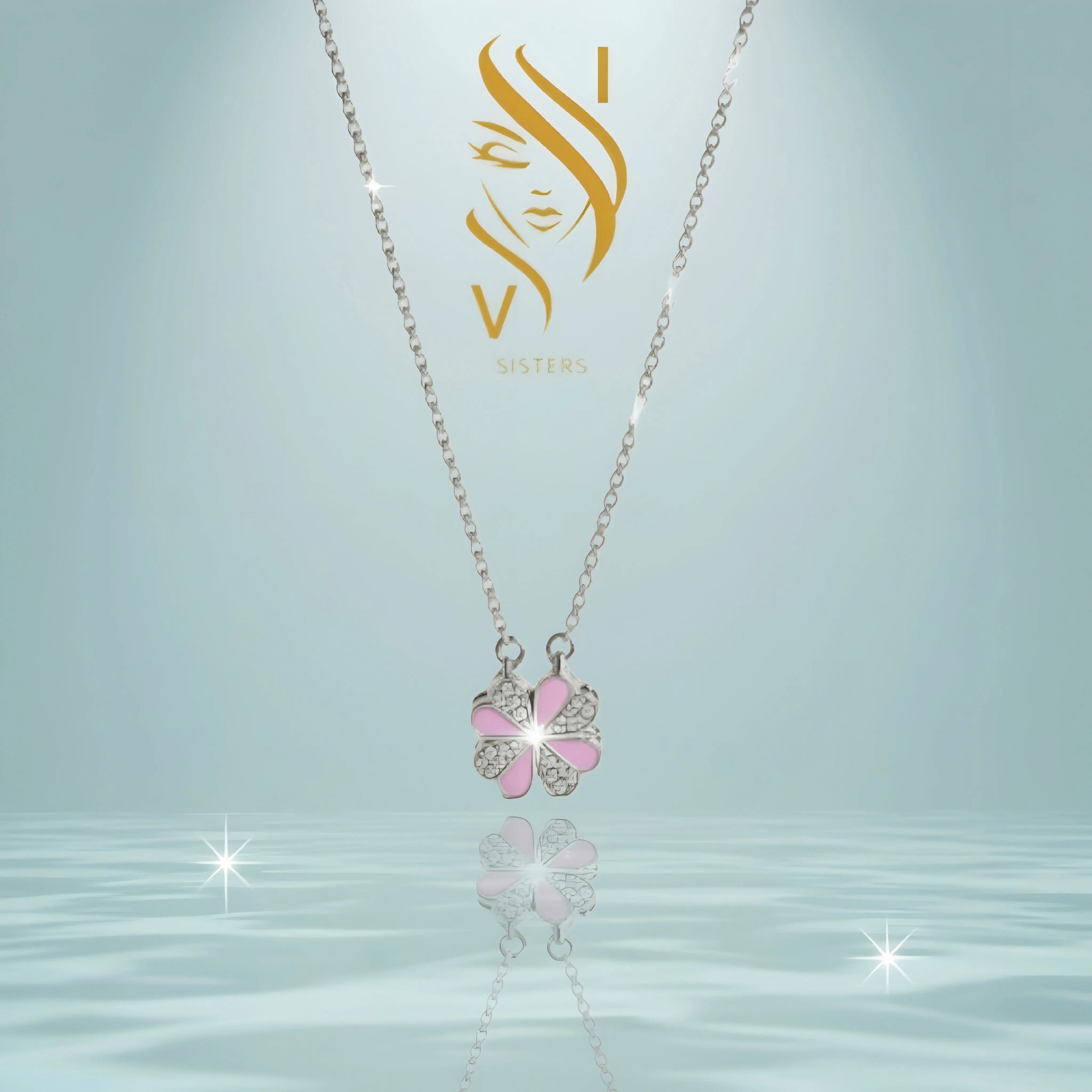 COLLIER TREFLE Argent/ Rose et zircon IV.sisters